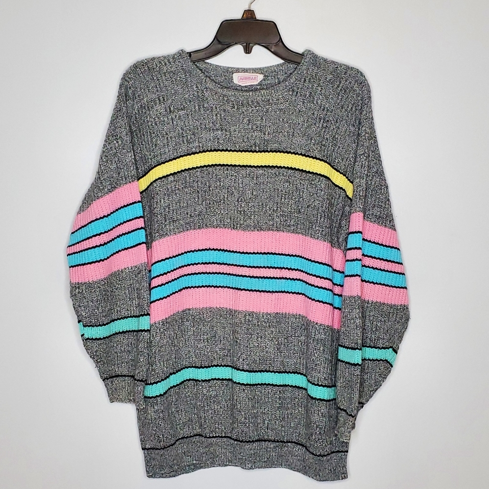 Vintage Arielle 80s knit crewneck sweater gray w pastel stripes pink gray blue